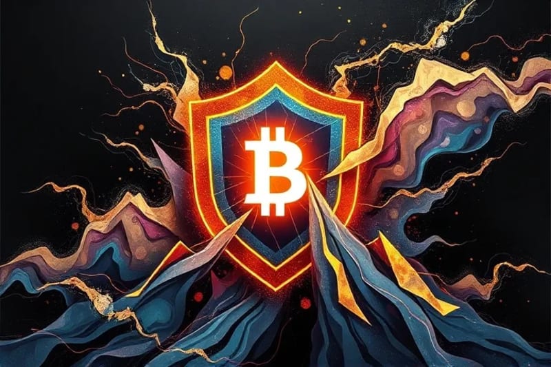 Pintura digital abstracta de un escudo geométrico que protege un activo digital brillante, rodeado de líneas turbulentas y picos, simbolizando la seguridad frente a la volatilidad del mercado de criptoactivos.