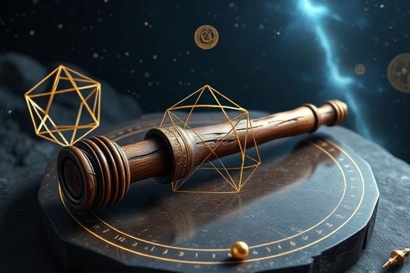 Antique divining rod with holographic geometric projections