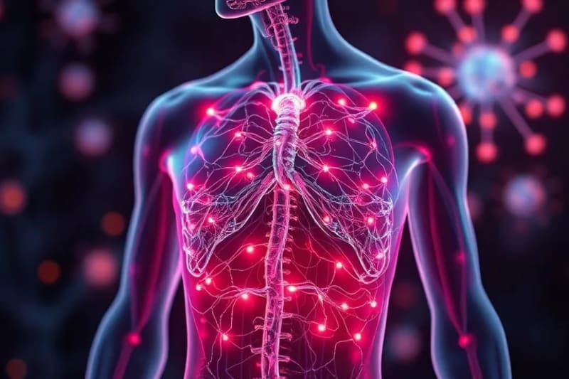 Representación abstracta de un sistema hormonal equilibrado con células sanas.