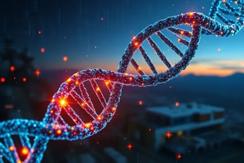 Detalle de una cadena de ADN con nanopartículas y un paisaje sereno de fondo.