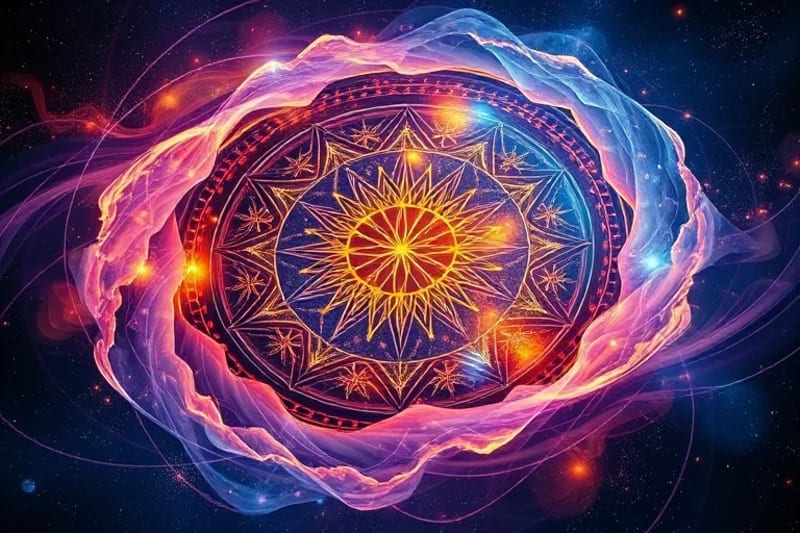 Abstract depiction of societal currents and astrological symbols