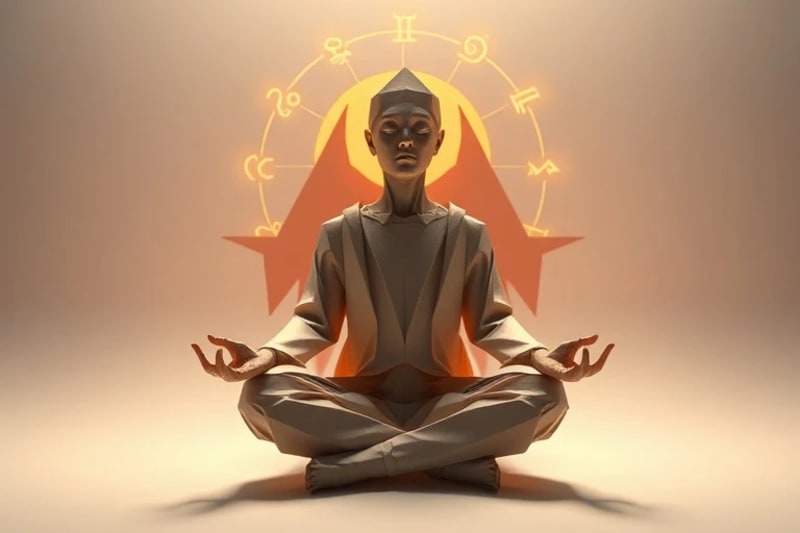 Una persona meditando, con una figura sombría fusionándose suavemente, simbolizando la aceptación de los aspectos ocultos del ser.