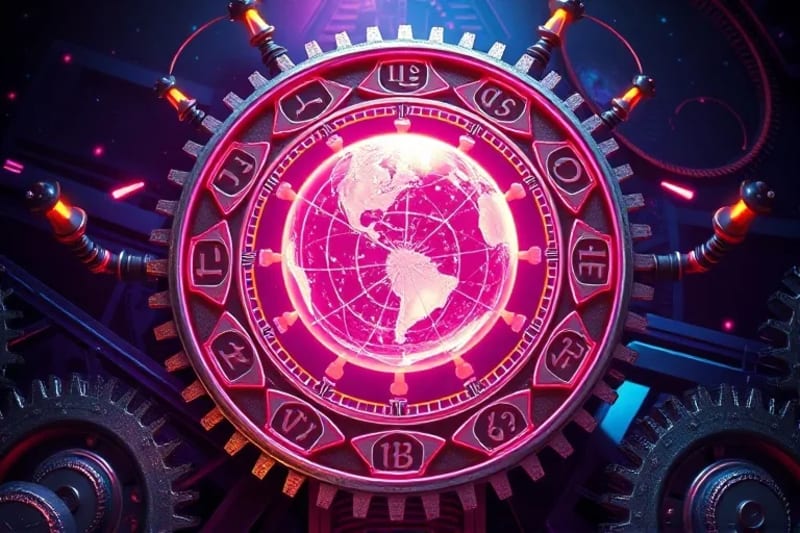 3D render of celestial gears influencing a glowing orb of consciousness