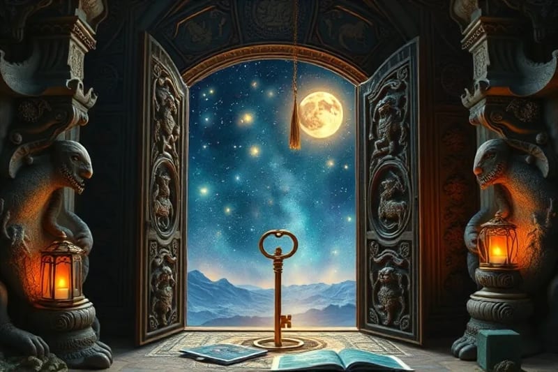 Una puerta antigua y mística que se abre a un paisaje cósmico, con cartas de tarot incrustadas en su diseño, simbolizando el viaje al inconsciente.