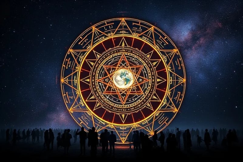Stylized globe with astrological symbols and human silhouettes