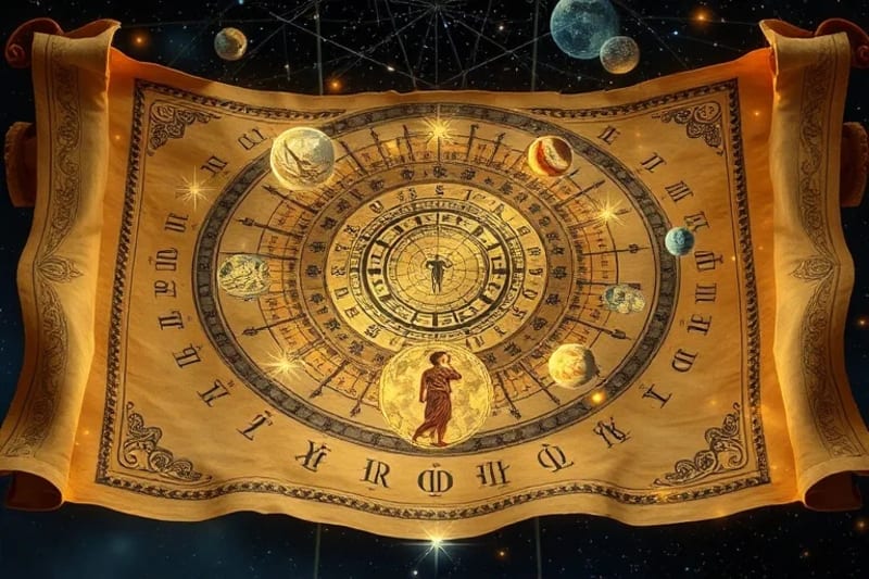 Arte digital de un pergamino antiguo con símbolos de un diario de sueños y glifos astrológicos, con una proyección holográfica de un mapa celestial.