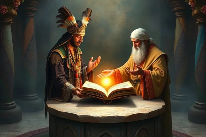 Pintura al óleo de un sabio andino y un monje cristiano compartiendo un espacio sagrado, rodeados de símbolos de la naturaleza y manuscritos antiguos.