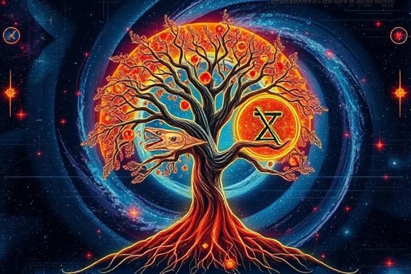 Arte digital abstracto de un árbol cósmico con símbolos andinos y cristianos entrelazados, sobre un fondo de galaxia, simbolizando la unidad espiritual global.
