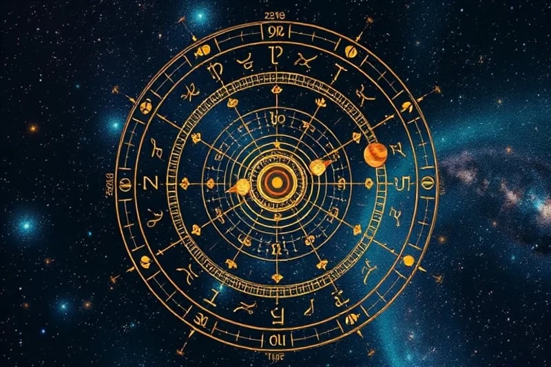 Astrological chart illustrating karmic nodes and fixed star alignments