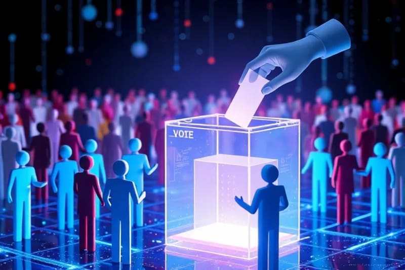 Ilustración vectorial de personas votando digitalmente, con una caja de votación transparente conectada por enlaces de cadena, simbolizando la toma de decisiones descentralizada.