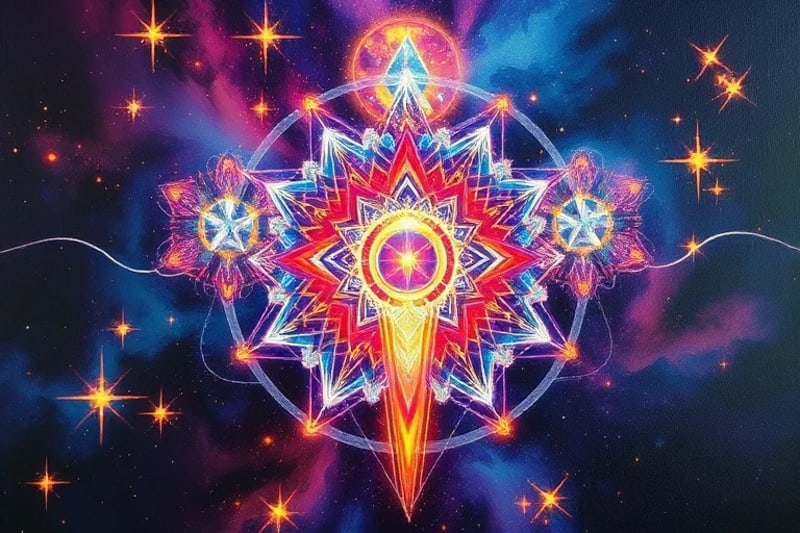 Abstract crystalline structure representing soul's karmic journey with stellar influences