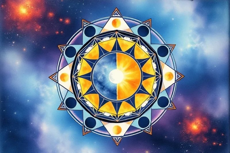 Ilustración acuarela de las fases lunares en un ciclo, con símbolos de crecimiento y abundancia.