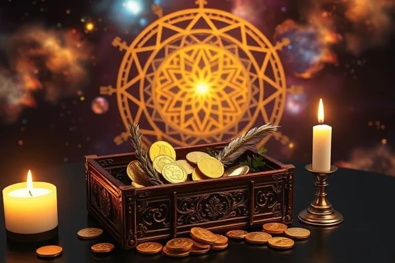 Composición de objetos simbólicos para rituales: caja de madera con monedas, hierbas secas, pluma y vela encendida.