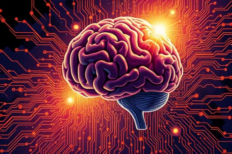 Representación artística de la fusión de la mente humana y la tecnología de circuitos