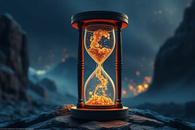 Reloj de arena con partículas de código binario fluyendo en un paisaje digital