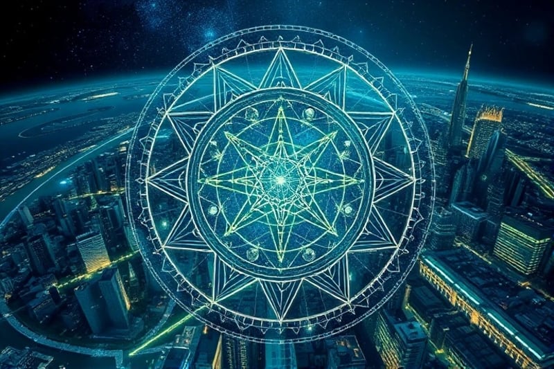 Stylized city map with lunar mansion symbols and energy lines