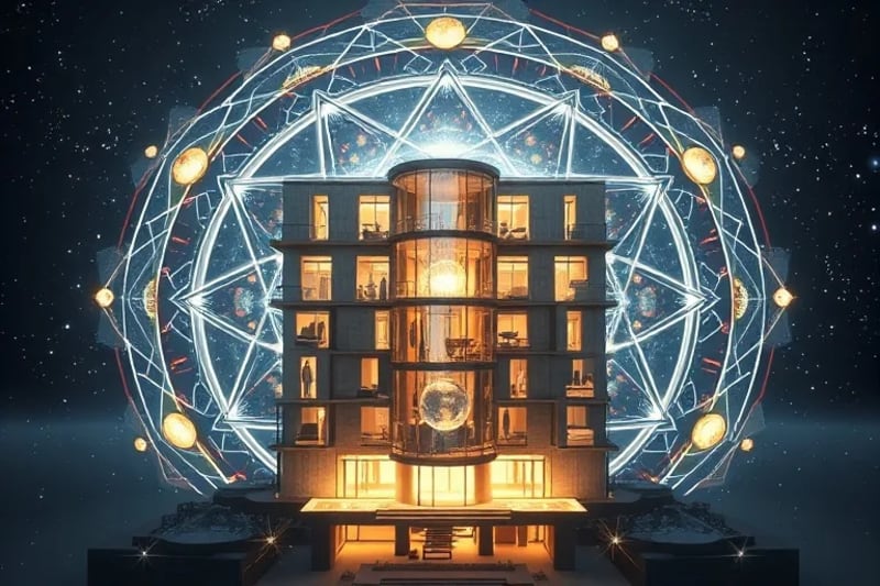 Conceptual model of apartment building with cosmic energy flows