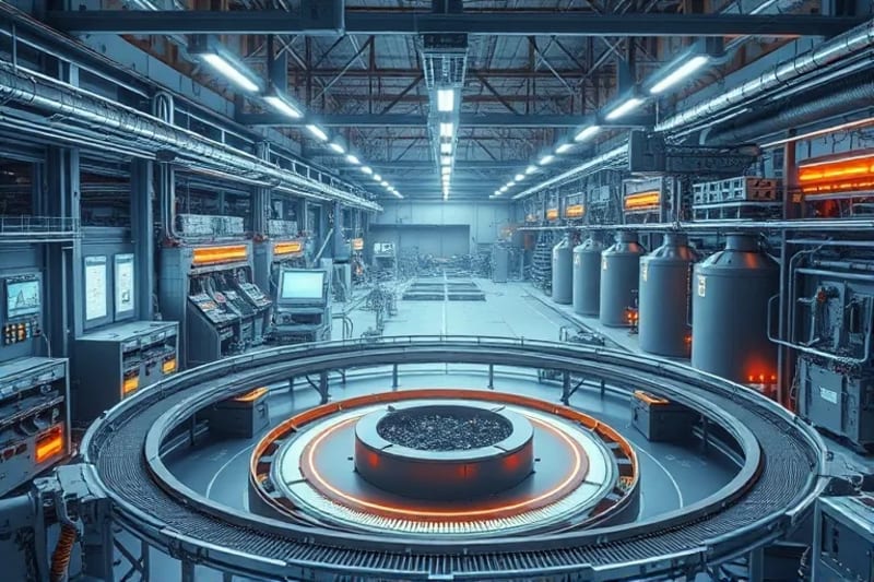 Robotics and human technicians processing waste into new products in a futuristic factory.