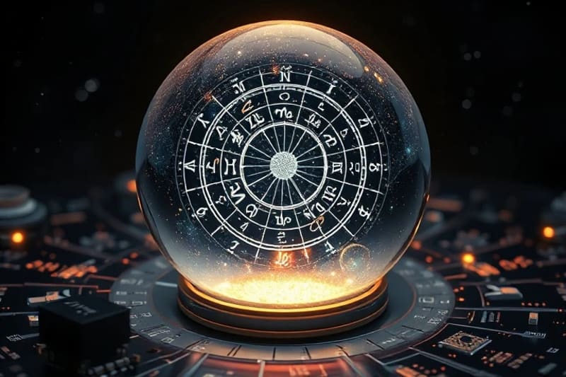 Esfera de cristal reflejando un zodiaco digital, rodeada de componentes electrónicos