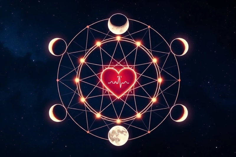 Stylized diagram showing moon phases connecting to a central heart symbol