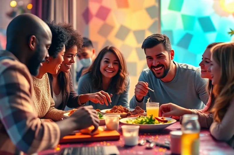 Grupo diverso de personas disfrutando de comidas personalizadas impresas en 3D.