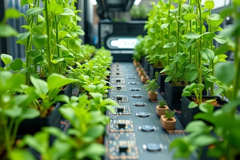 Granja urbana futurista con instalaciones de impresión 3D de alimentos y vertical farming.
