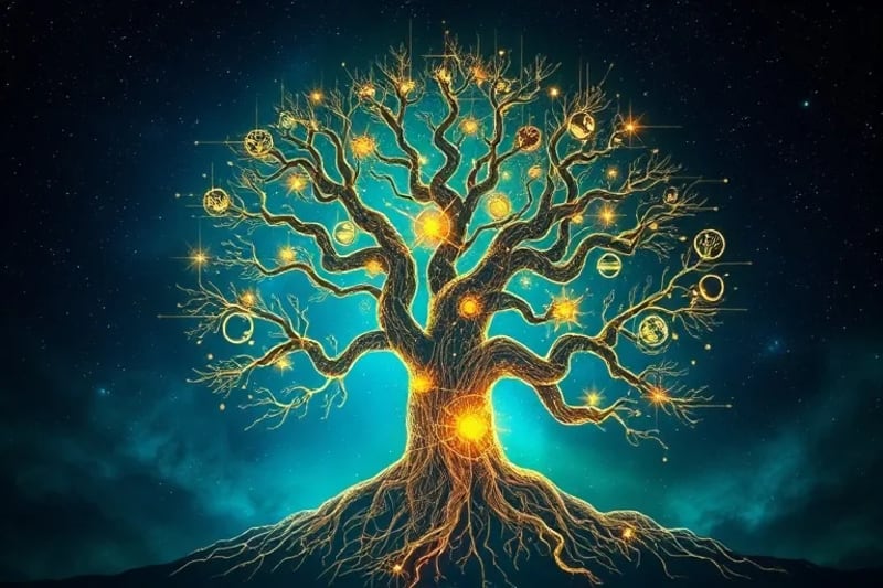 Raíces de árbol entrelazadas con símbolos astrológicos
