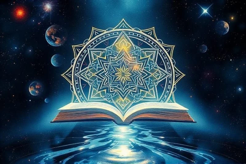 Watercolor painting of open book with symbols