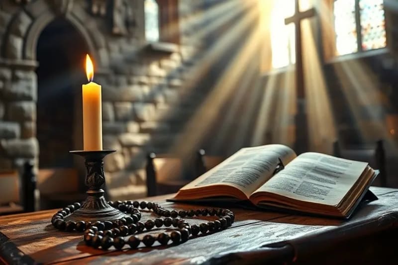 Bodegón de un rosario antiguo, vela encendida y libro sagrado abierto, simbolizando la devoción y la disciplina espiritual.