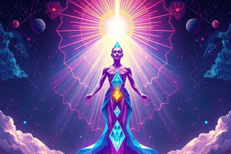 Representación abstracta de luz divina descendiendo sobre una figura etérea, simbolizando la revelación y la conexión espiritual profunda.