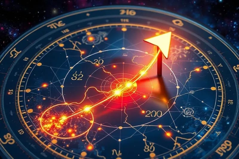 3D render of a cosmic map with illuminated pathways and a precise arrow, symbolizing destiny navigation