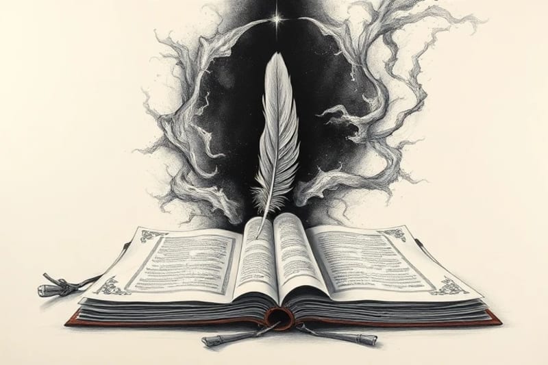 Antiguos pergaminos y manuscritos iluminados con una pluma radiante, simbolizando conocimiento divino y presencia angélica.