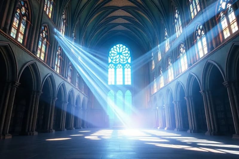 Representación abstracta de patrones de luz y geometría sagrada, simbolizando la manifestación de la realidad a través de la energía cósmica.