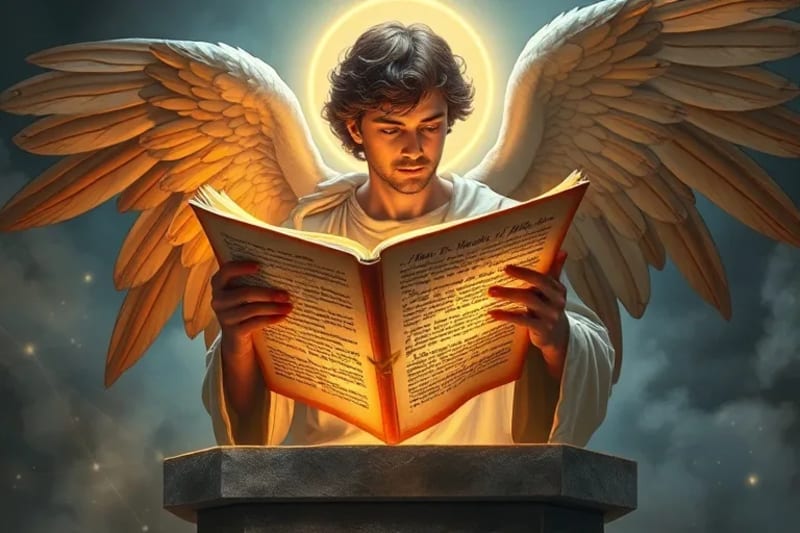 Una serena pintura al óleo de San Gabriel Arcángel, con ojos suaves y sabios, sosteniendo un pergamino que brilla con texto antiguo. Está rodeado de luz etérea, y en el fondo, representaciones abstractas y tenues de redes digitales y flujos de información son sutilmente visibles, integradas en el estilo de pintura clásica. El enfoque está en la claridad, la comunicación y el mensaje divino.