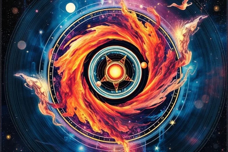 Abstract digital painting of global economic forces, swirling energy, planetary orbits, currency symbols