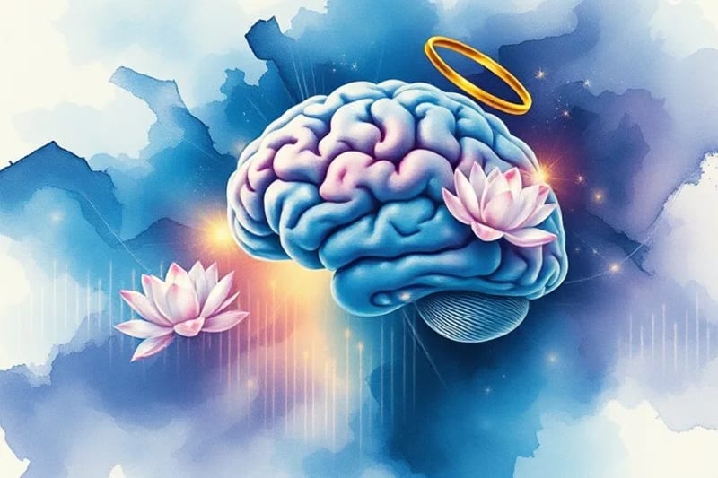 Ondas sonoras abstractas interactuando con un cerebro humano en acuarela