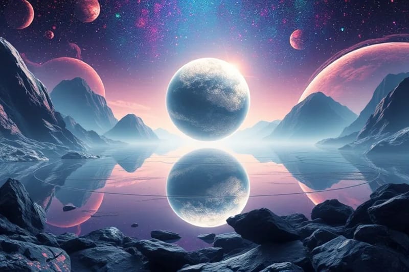 Ethereal landscape with a glowing planet and zodiacal elements