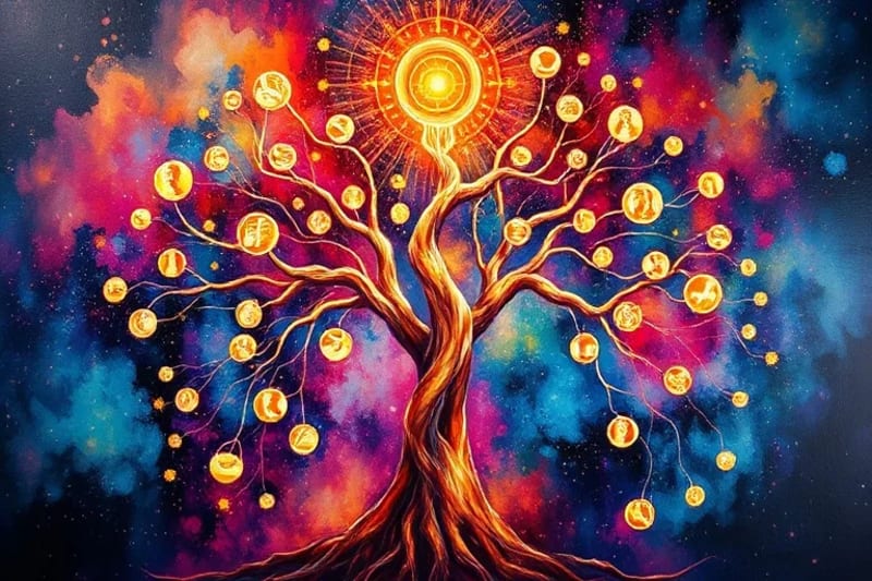 Árbol genealógico luminoso, conexiones energéticas, patrones ancestrales