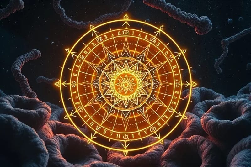 Astrological birth chart overlaid on microscopic cells with karmic symbols