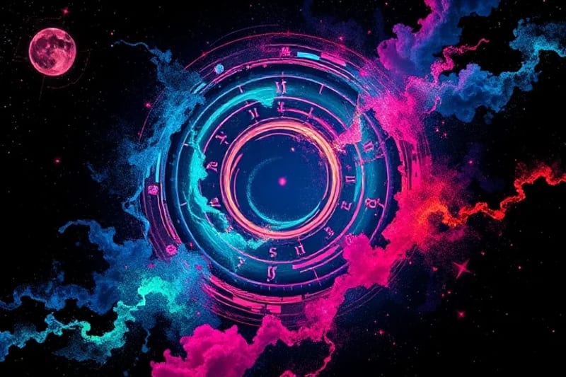 Abstract painting of cosmic nebulae merging with cellular structures