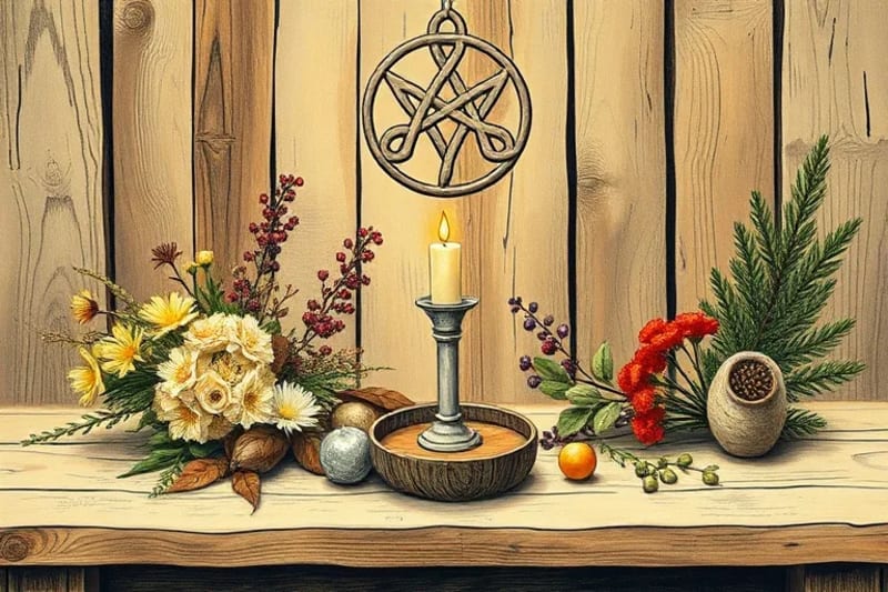 Ofrendas estacionales en un altar de madera