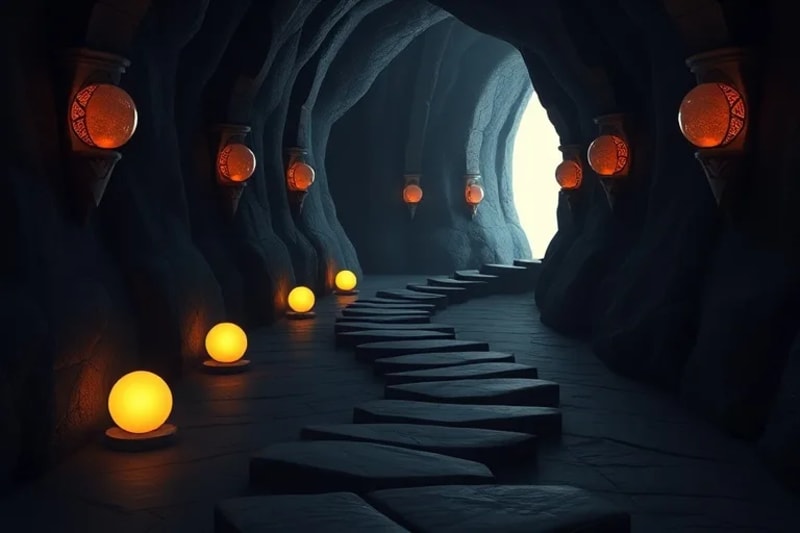 Camino espiritual iluminado por orbes, simbolizando discernimiento en la oscuridad