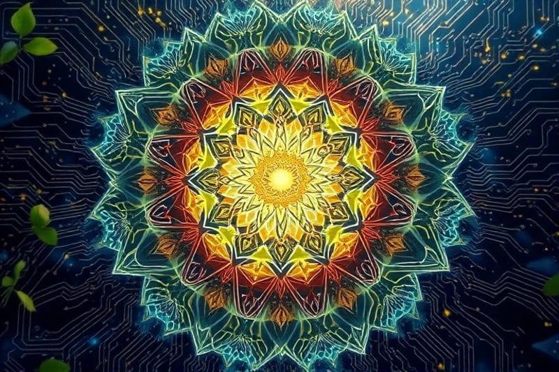 Digital art depicting circuit board patterns and natural elements forming an energy vortex