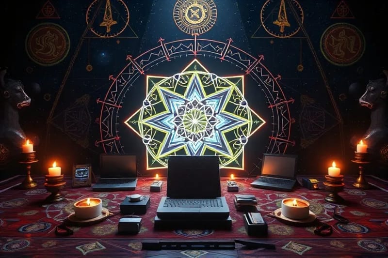 3D render of digital devices on an altar with glowing runes