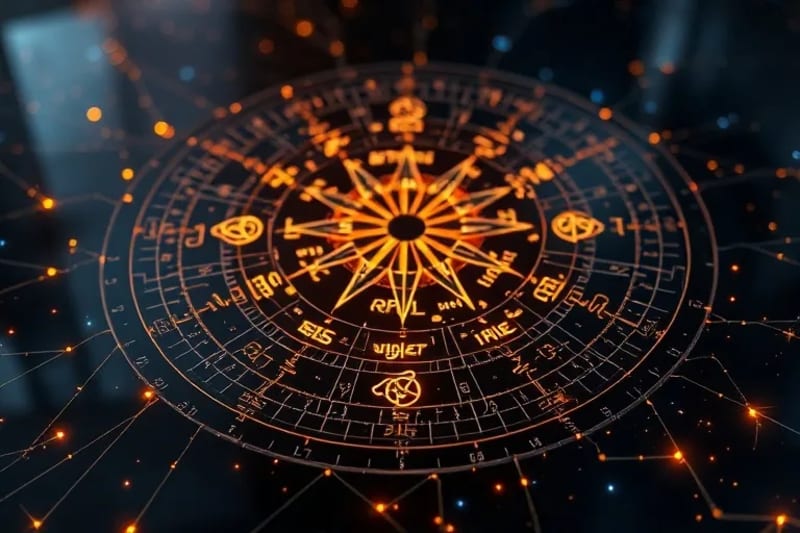 Símbolos de geometría sagrada fusionados con elementos digitales
