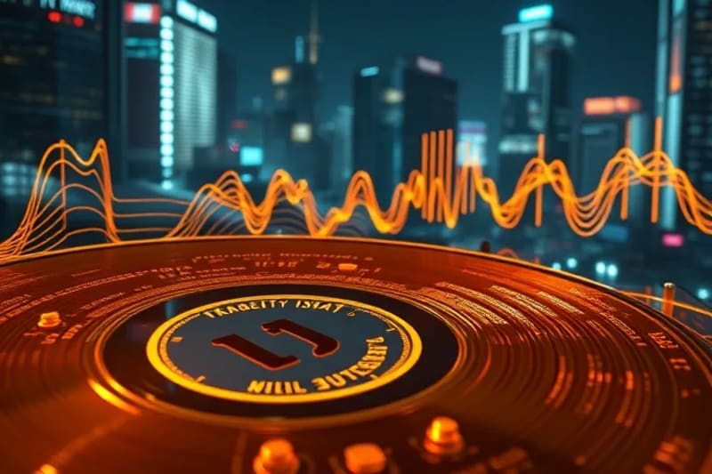 Representación abstracta de ondas sonoras y datos digitales emanando de un disco dorado, simbolizando la innovación tecnológica y artística de una obra maestra musical.