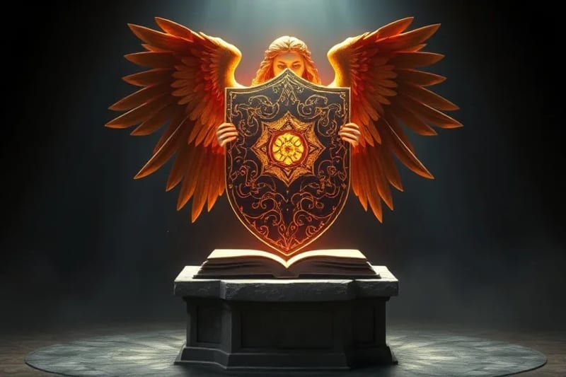 Escudo estilizado con grabados de alas angelicales y patrones de circuitos, reflejando luces y sombras digitales.