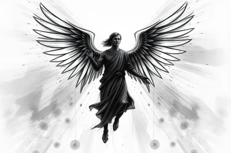 Ilustración abstracta de energía luminosa y oscura entrelazadas, con un ala angelical emergiendo de la luz, simbolizando la lucha espiritual en el mundo digital.
