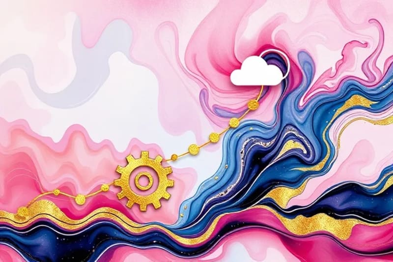 Ilustración vectorial de un crecimiento empresarial impulsado por la nube, con engranajes interconectados que ascienden hacia un icono de nube, representando la escalabilidad y la transformación digital.