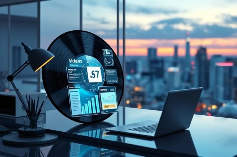 Representación 3D de un escritorio futurista con una proyección holográfica de un dashboard de negocios, mostrando la integración de aplicaciones SaaS y análisis de datos en un entorno urbano moderno.